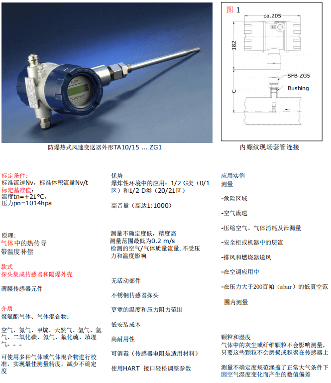 Hontzsch虹啟防爆熱式風(fēng)速、風(fēng)量變送器 TA10/15...ZG1參數(shù)